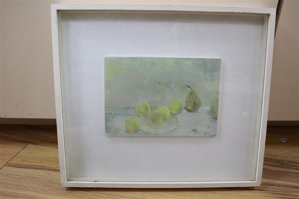Ffiona Lewis (1964-), oil on board, Still life of pears, initialled, 12 x 18cm